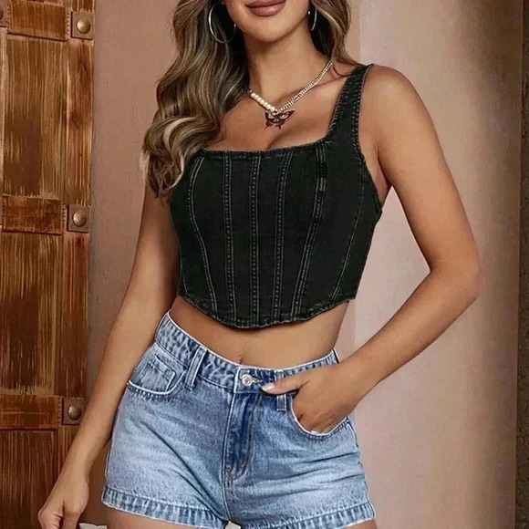 Black Casual Women's Top-Stitching Zip Back Denim Tank Top - Picture 2 of 5